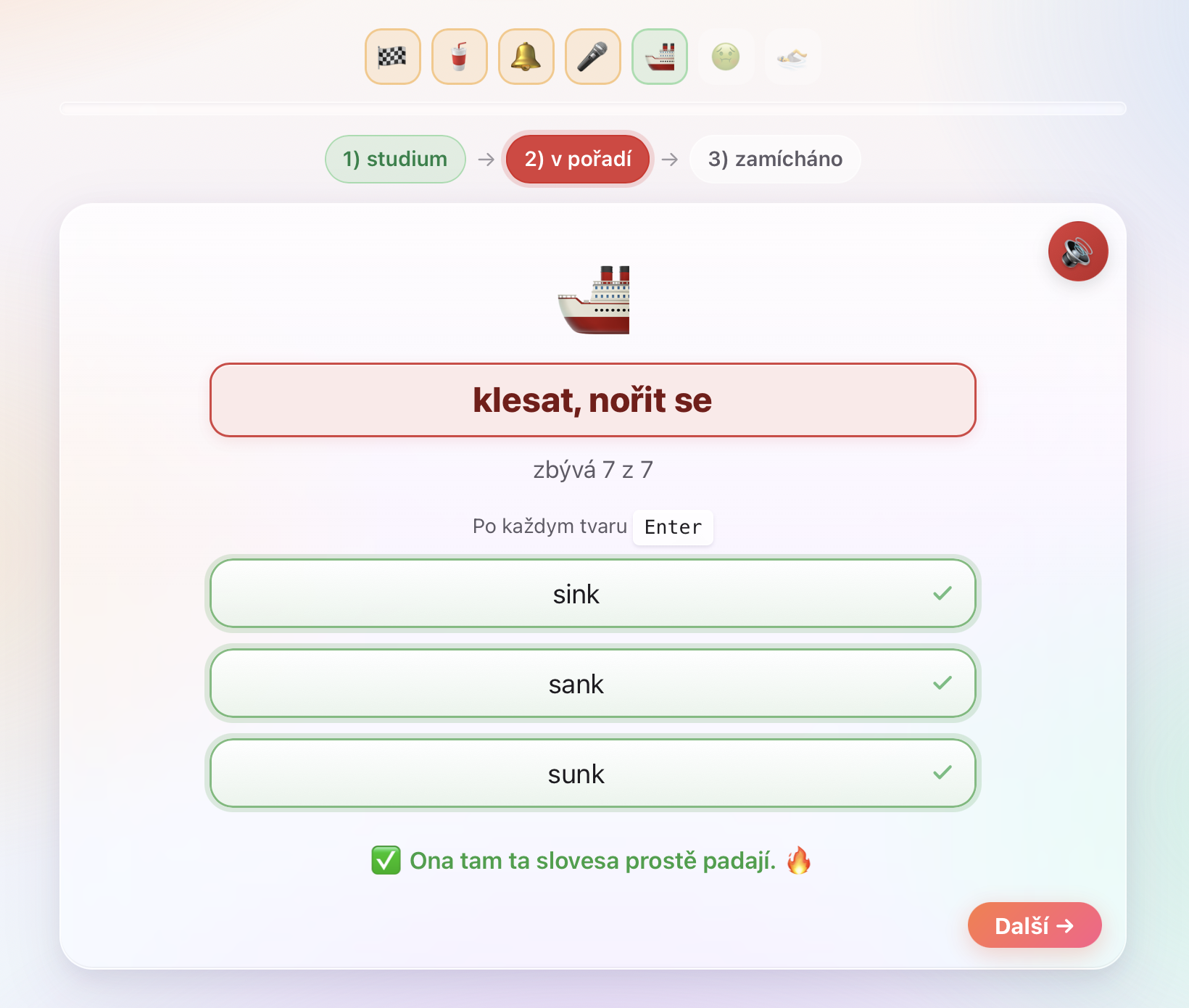 Kvíz v aplikaci — k českému slovesu „klesat, nořit se